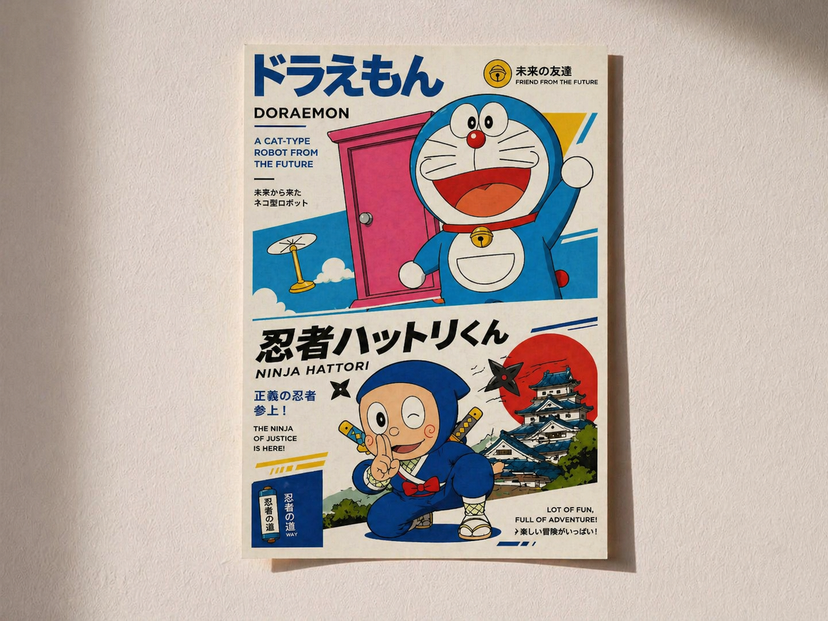 Doraemon & Ninja Hattori Retro Manga Style Premium Poster