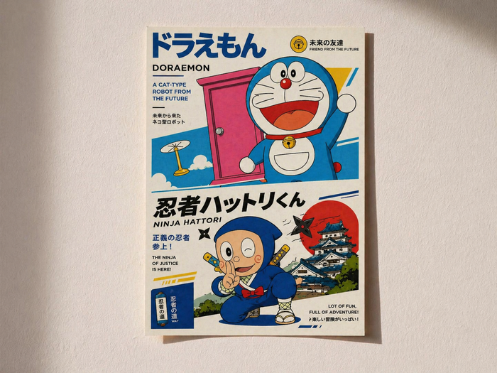 Doraemon & Ninja Hattori Retro Manga Style Premium Poster