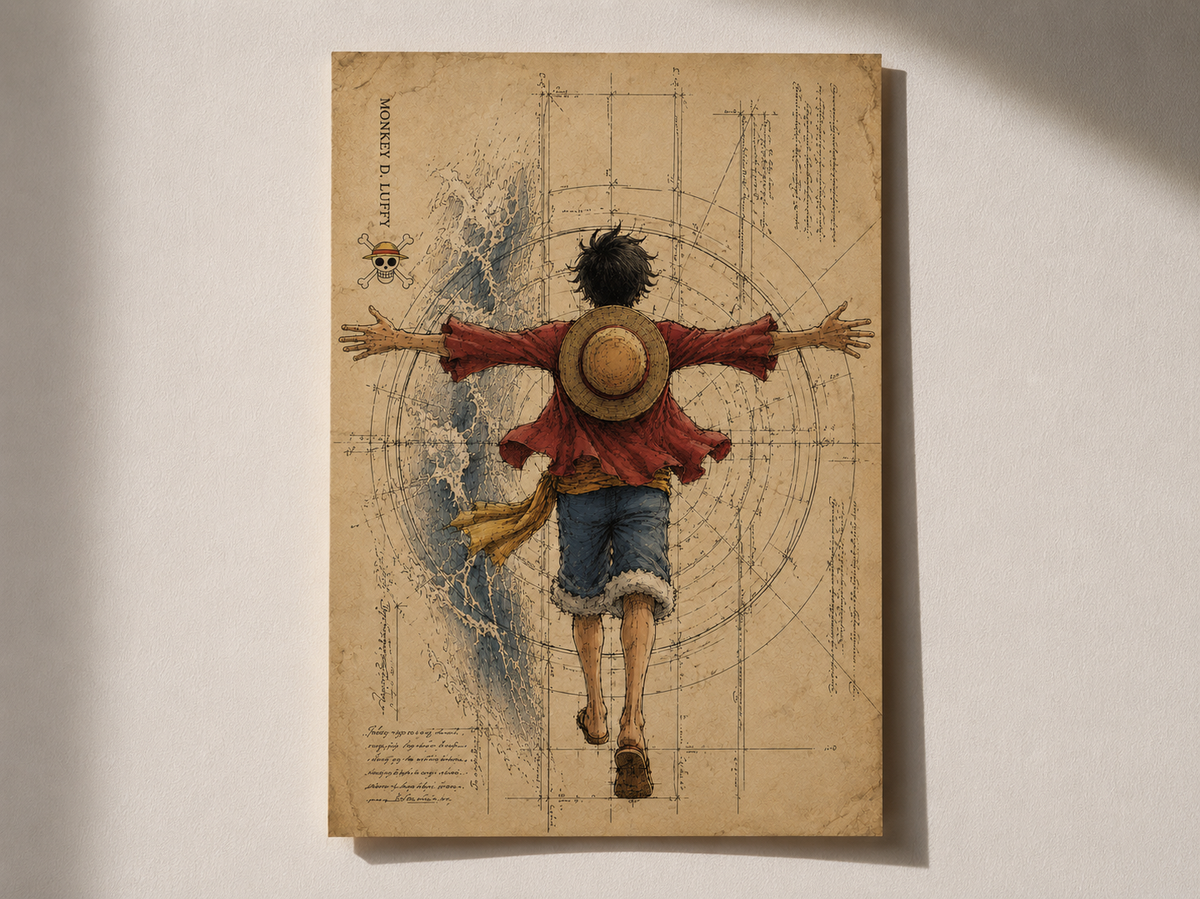 Luffy Vintage Blueprint Poster – One Piece Artistic Sketch Wall Art