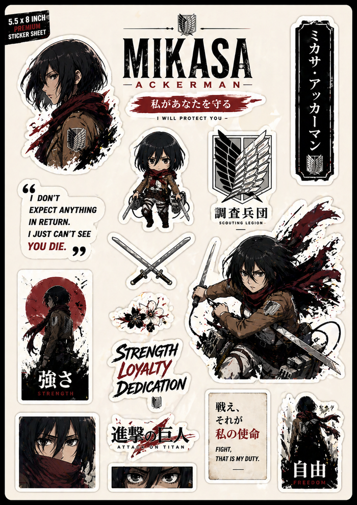 Mikasa Ackerman Premium Anime Sticker Sheet
